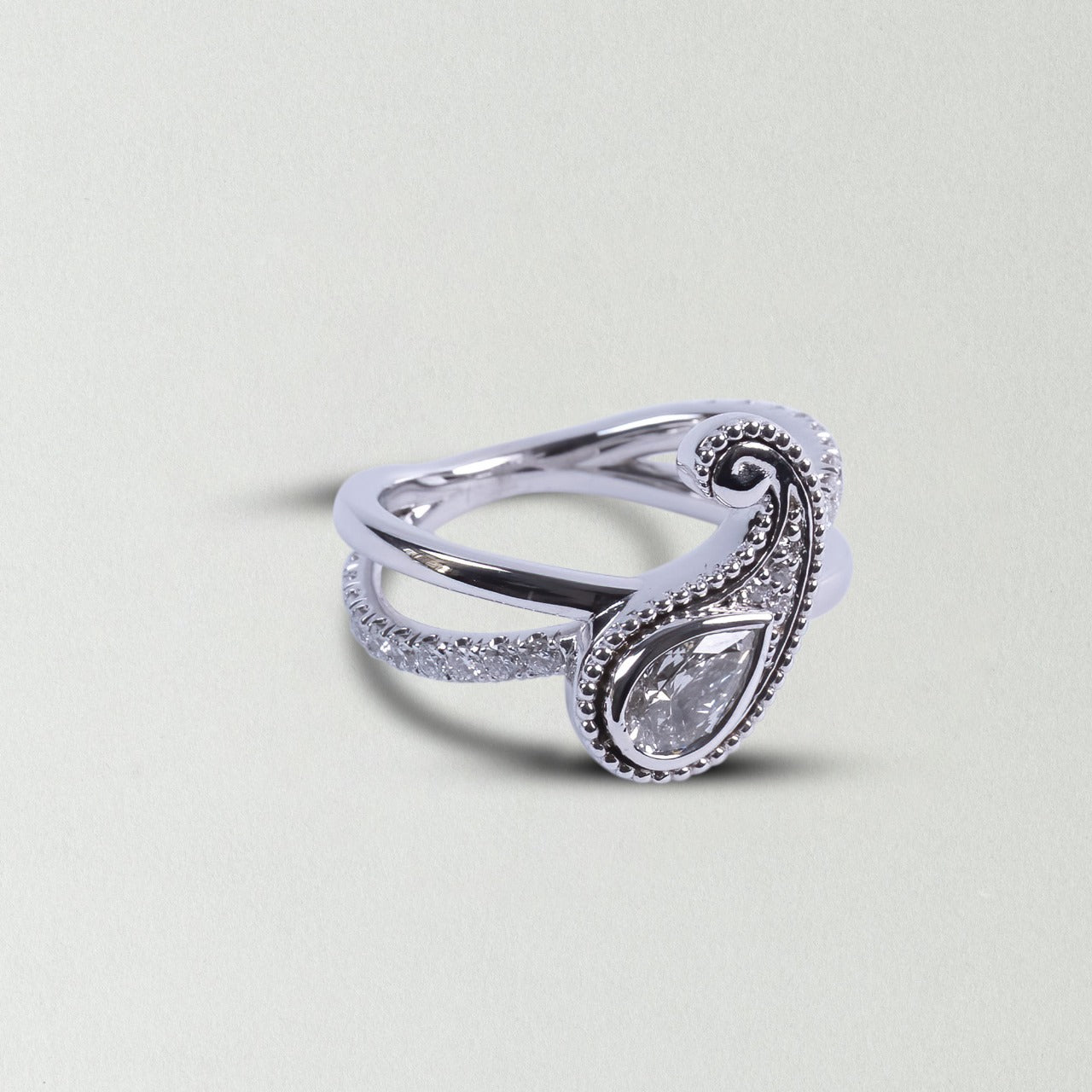 Pear Cut Diamond Milgrain Paisley Split Band Ring - White Gold