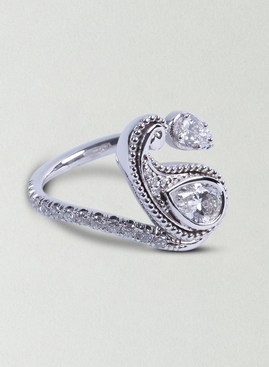 Pear Cut Diamond Milgrain Paisley Pavé Bypass Ring - White Gold