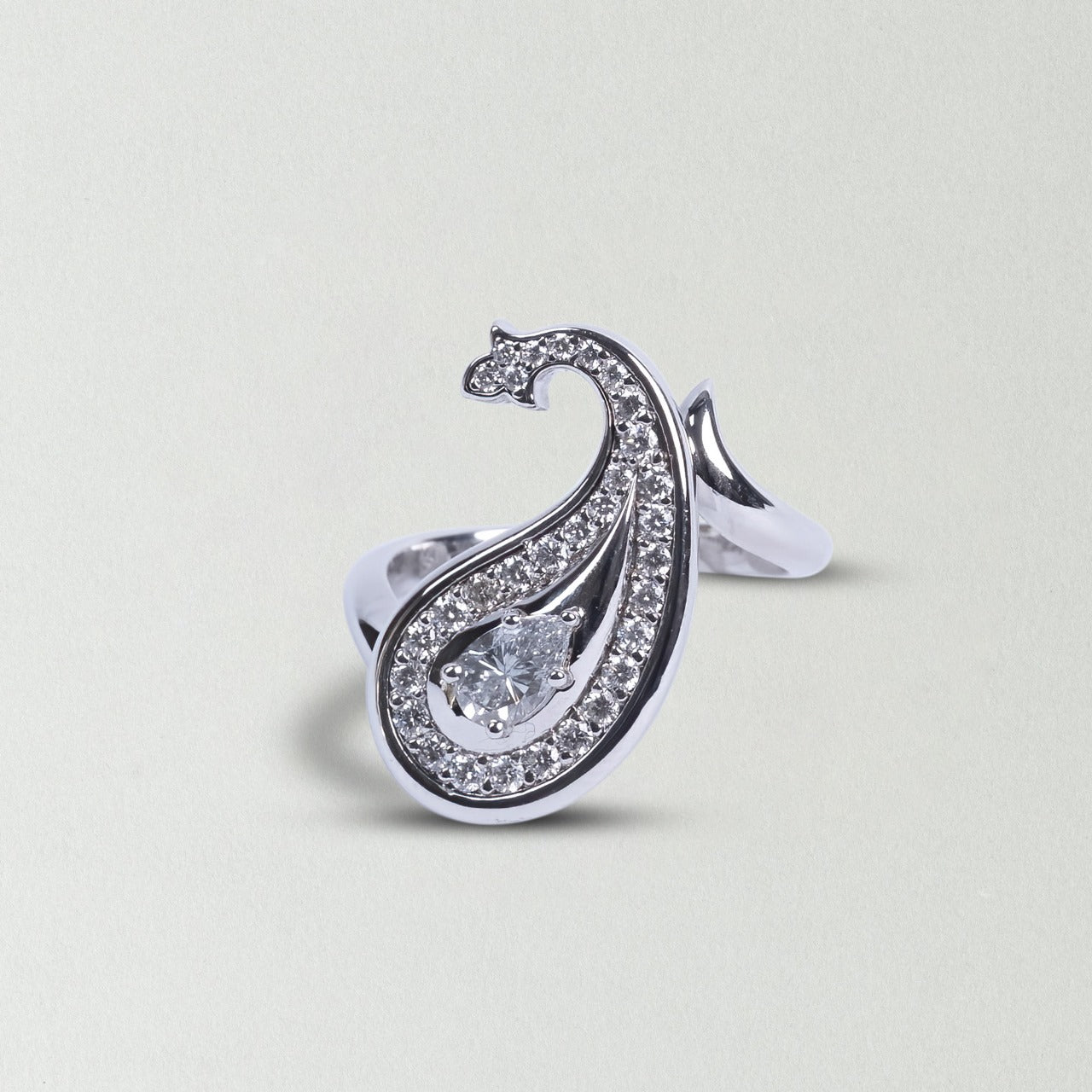 Pear Cut Diamond Milgrain Paisley Ring - White Gold